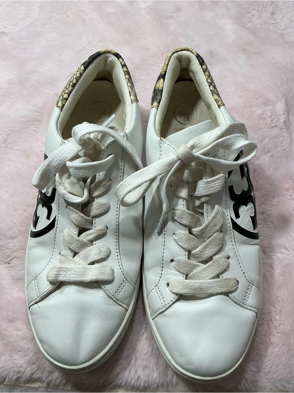 Tory Burch White Leather Sneakers with Black Logo and Snakeskin Trim 159